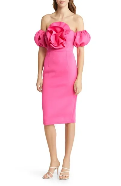 Nikki Lund Norma Rosette Off The Shoulder Dress In Pink