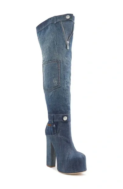 Zigi Mareah Over The Knee Platform Boot In Light Blue Denim