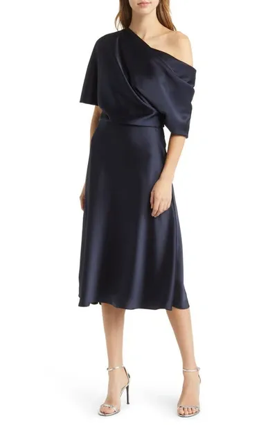 Amsale One-shoulder Fluid Satin Cocktail Midi Dress In Black