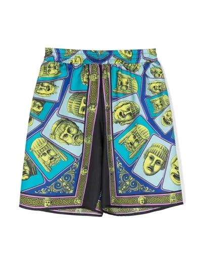 Versace Kids' Le Maschere-print Silk Shorts In Green