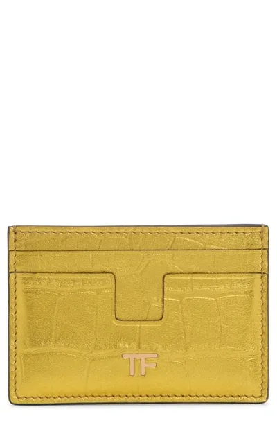 Tom Ford T-line Metallic Croc Embossed Leather Card Holder In Mimosa