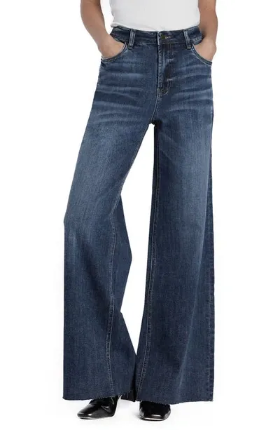 Hint Of Blu Happy Shaggy High Waist Raw Hem Wide Leg Jeans In Fray Blue