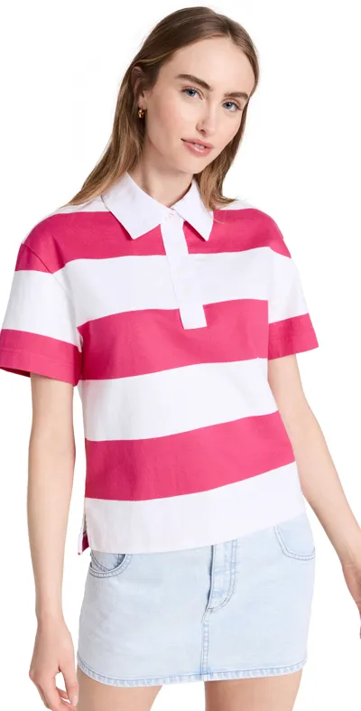 Alice And Olivia Treva Striped Cotton-jersey Polo Shirt In Candy White