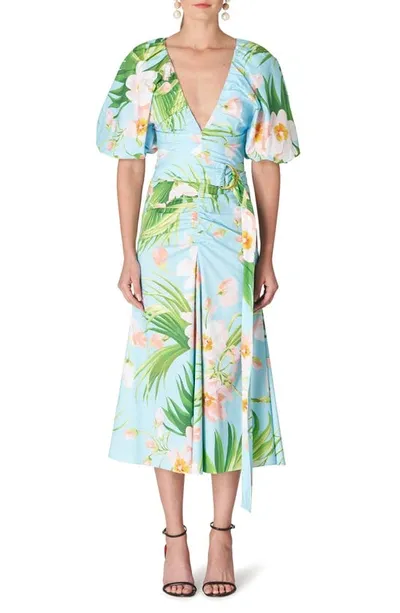 Carolina Herrera Floral-print Ruched Front Midi Dress With Belted Waist In Aquamarine Multi