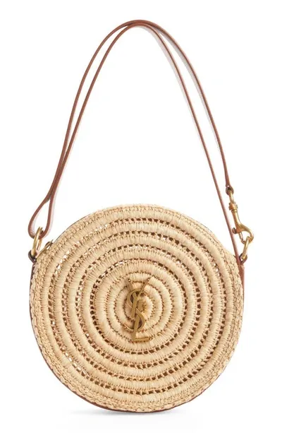 Saint Laurent Woven Raffia Round Crossbody Bag In Naturel Brick