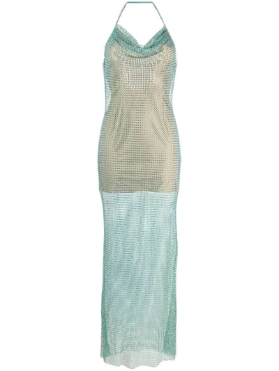 Self-portrait Crystal-embellished Fishnet Maxi Dress In Green