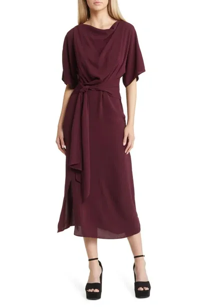 Asos Design Cowl Neck Tie Waist Dress In Burgundy