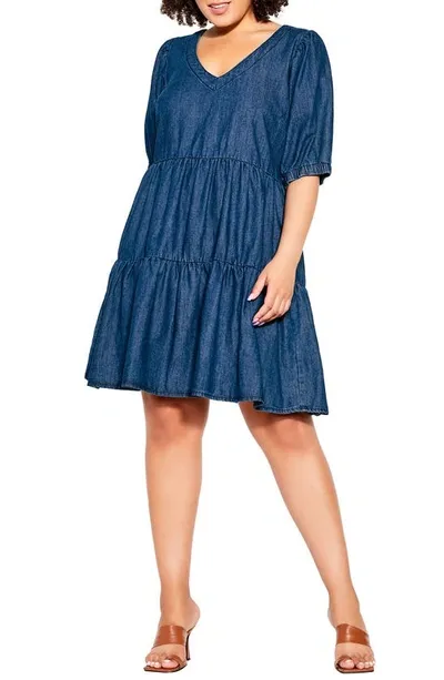 City Chic Coastal Tiered Nonstretch Denim Dress In Dark Denim