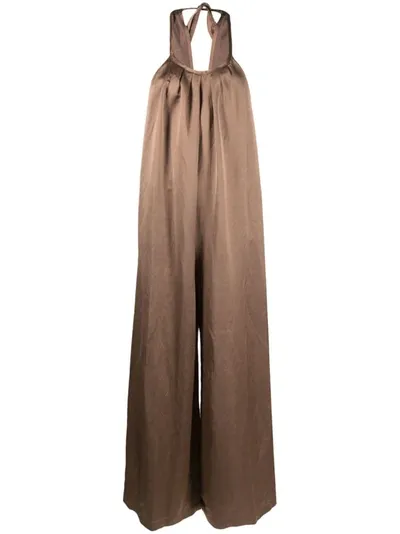 Alysi Wide Satin Jumpsuit In Brown