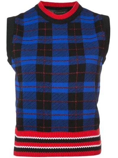 Versace Tartan Crew Neck Top In Blue