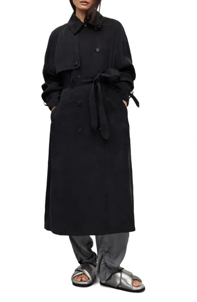 Allsaints Kikki Relaxed Fit Double Breasted Trench Coat In Black