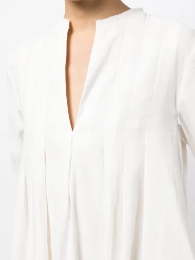 Vince Pleat Detail Long Sleeve Linen & Cotton Blend Trapeze Dress In Off White