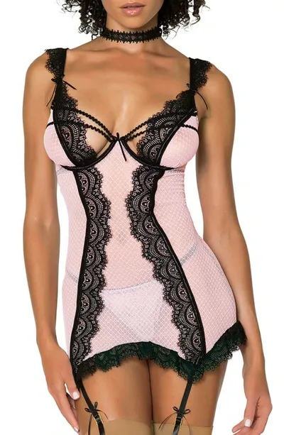 Dreamgirl Lace Trim Underwire Basque With Garter Straps & G-string Thong In Pink/black