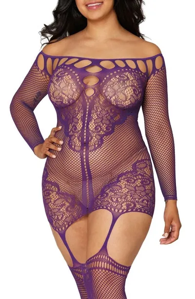 Dreamgirl Fishnet Garter Dress With Thigh High Stockings In Aubergine