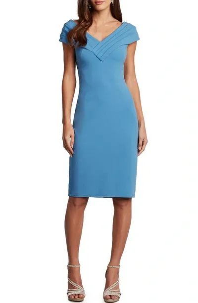 Tadashi Shoji Pleated Cap Sleeve Crepe Sheath Dress In Cadet Blue