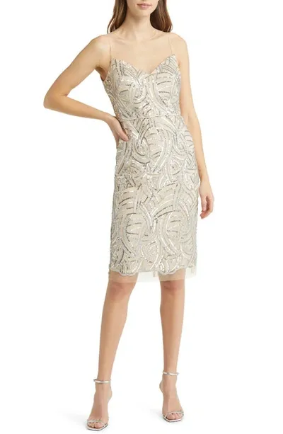 Vince Camuto Sequin Illusion Lace Yoke Sleeveless Cocktail Dress In Champagne