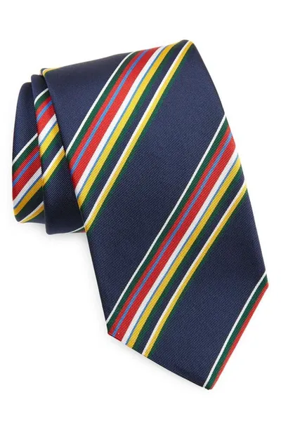 Drake's Track Stripe Silk & Cotton Tie In Navy Multi