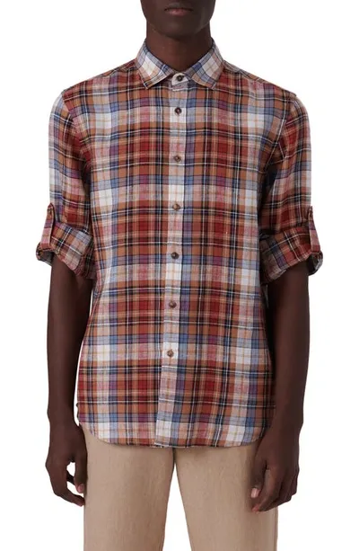 Bugatchi Plaid Linen Button-up Shirt In Caramel