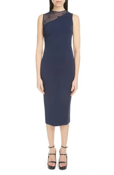 Givenchy 4g Mesh Yoke Draped Midi Day Dress In Blu