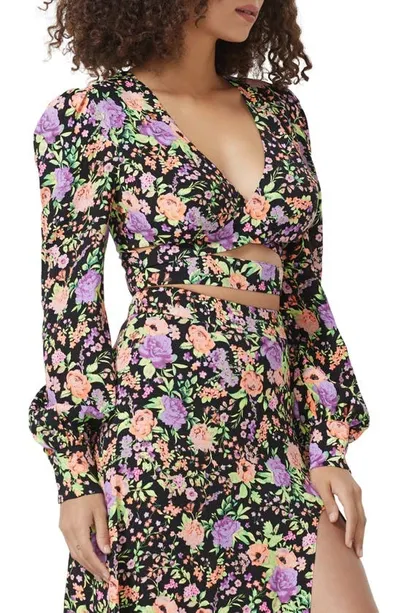 Afrm Calle Floral Print Cutout Top In Noir Violet Garden