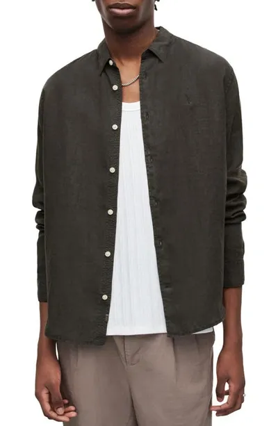 Allsaints Cypress Slub Linen Button-up Shirt In Washed Black