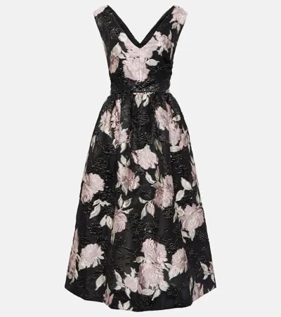 Monique Lhuillier Floral Jacquard Cocktail Midi Dress In Noirpale Blush