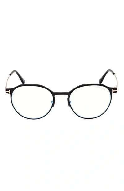 Tom Ford 52mm Round Blue Light Blocking Glasses In Matte Black