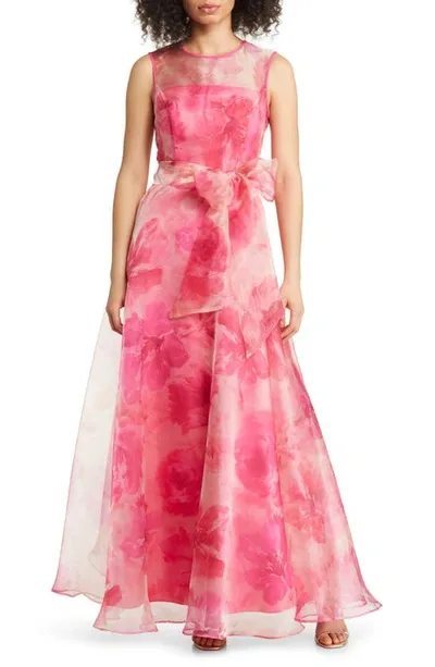 Eliza J Floral Illusion Neck Organza Ballgown In Fuchsia