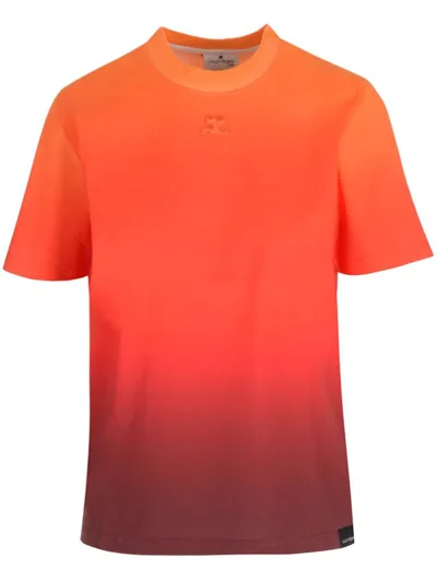 Courrèges Courreges T-shirt With Shaded Effect Embroidered Logo In Orange