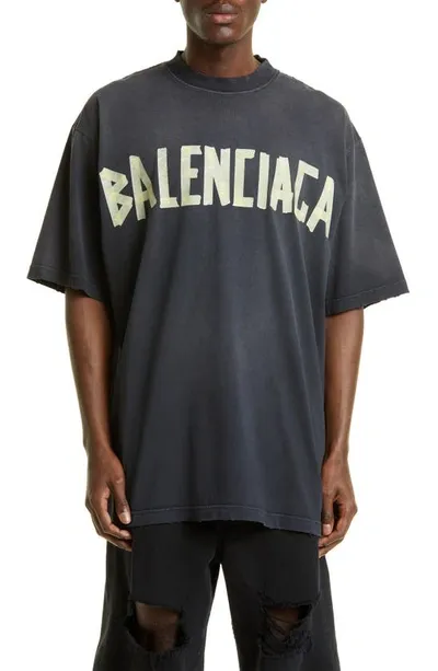 Balenciaga Tape Logo Cotton Graphic T-shirt In Washed Black