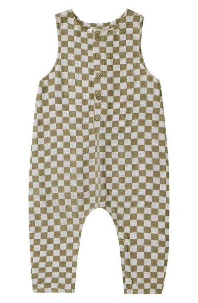 Rylee + Cru Babies' Button Linen Blend Footie In Olive-check