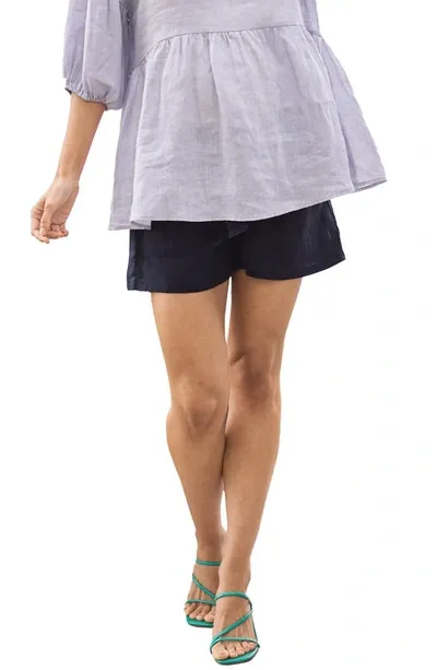 Angel Maternity Tie Waist Linen Maternity Shorts In Navy