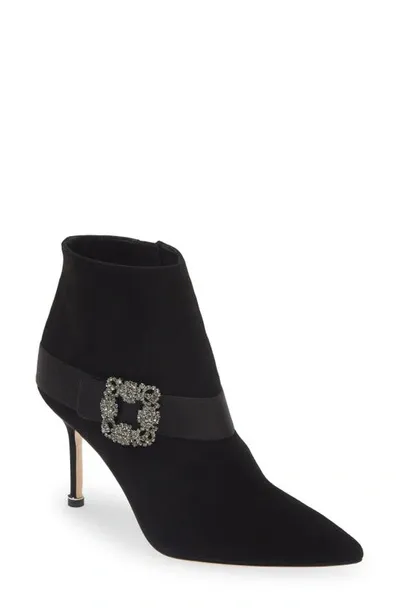 Manolo Blahnik Plinianu Suede Crystal-buckle Ankle Booties In Blck0015