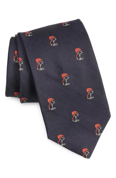 Drake's Flamingo Print Silk Tie In Navy