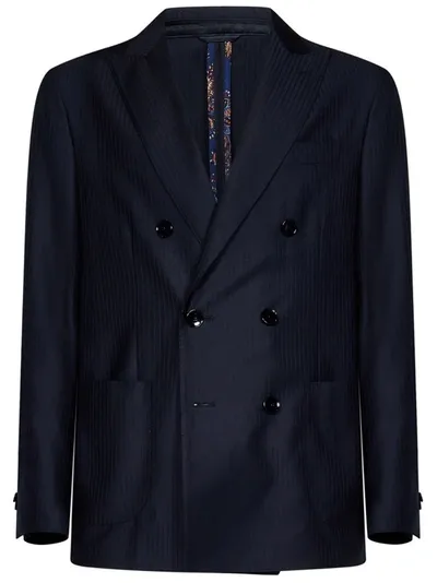 Etro Blue Pinstriped Double-breasted Jacket In Navy