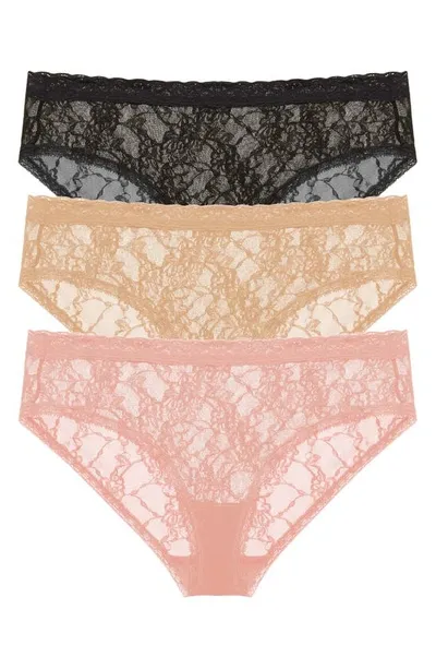 Natori 3-pack Lace Girl Briefs In Black/cafe/rose