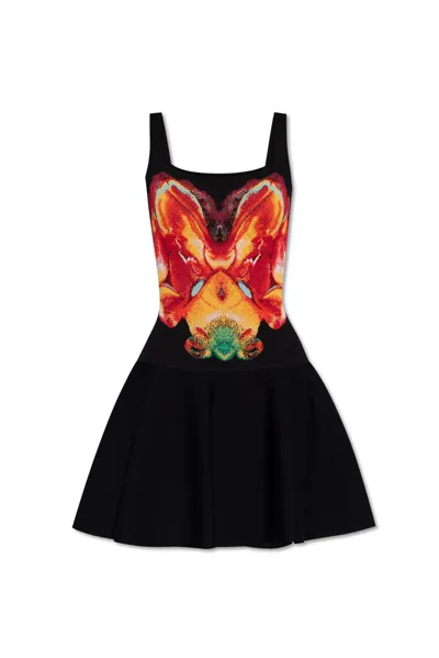 Alexander Mcqueen Knit Mini Dress With Abstract Floral Detail In Black