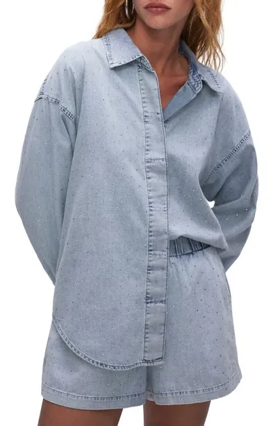 Good American Weekend Rhinestone Oversize Nonstretch Denim Button-up Shirt In Indigo