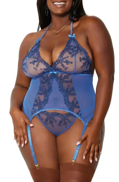 Dreamgirl Lace Trim Mesh Basque With Garter Straps And G-string Thong In Periwinkle