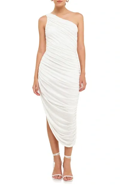 Endless Rose One-shoulder Asymmetric Jersey Dress In Off White