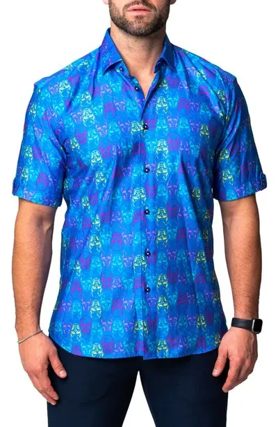 Maceoo Galileo Skull Regular Fit Short Sleeve Button-up Shirt In Blue