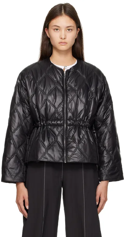 Ganni Short Black Down Jacket With Tie Sides In Recycled Nylon Woman