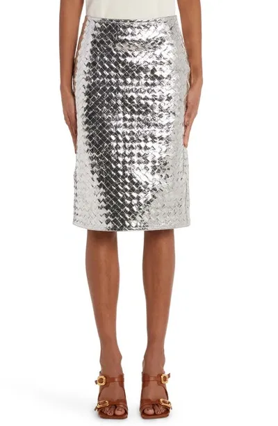 Bottega Veneta Intrecciato-leather Midi Skirt In Silver