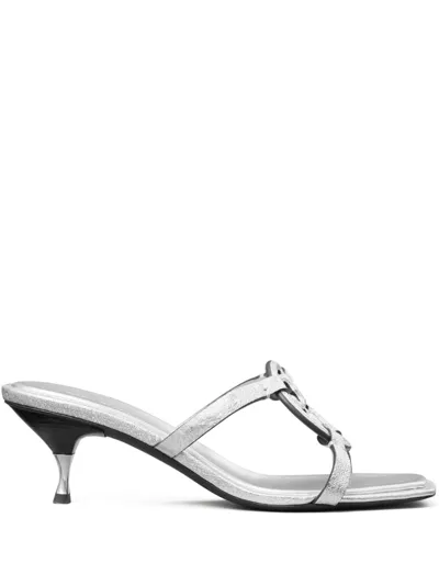 Tory Burch Miller Bombé 55mm Metallic Leather Mules In Silver