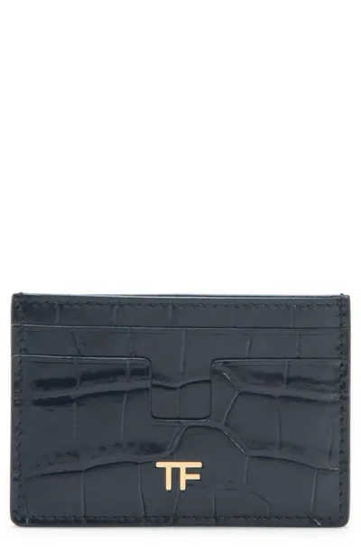 Tom Ford T-line Croc Embossed Leather Card Holder In Black