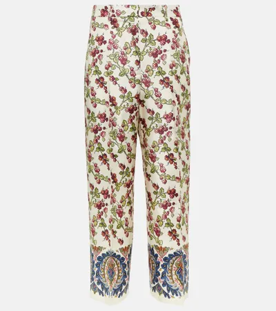 Etro Cropped Printed Silk-twill Straight-leg Pants In White