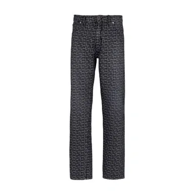 Balmain Monogrammed Denim Jacquard Jeans In Black