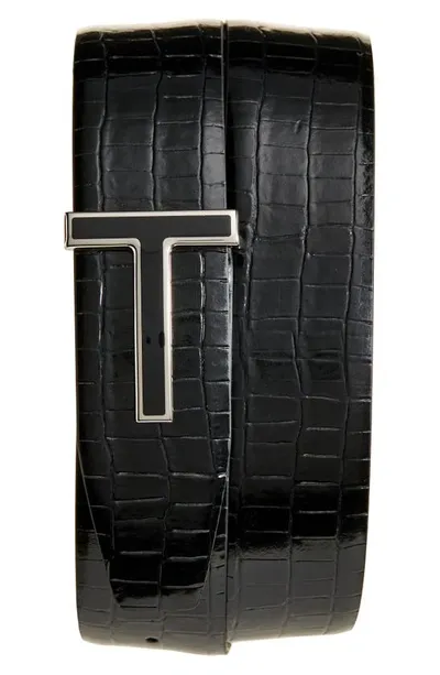 Tom Ford Croc Embossed T-logo Belt In Black