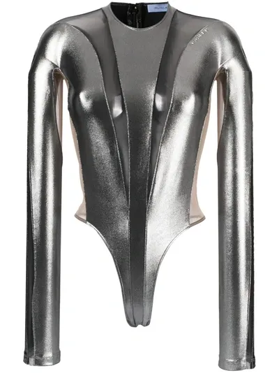 Mugler Illusion Shaping Bodysuit In Silver