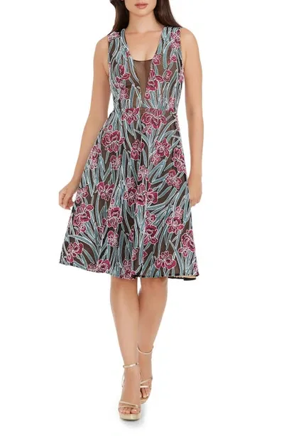 Dress The Population Macie Floral Embroidery Fit & Flare Dress In Fuchsia Multi